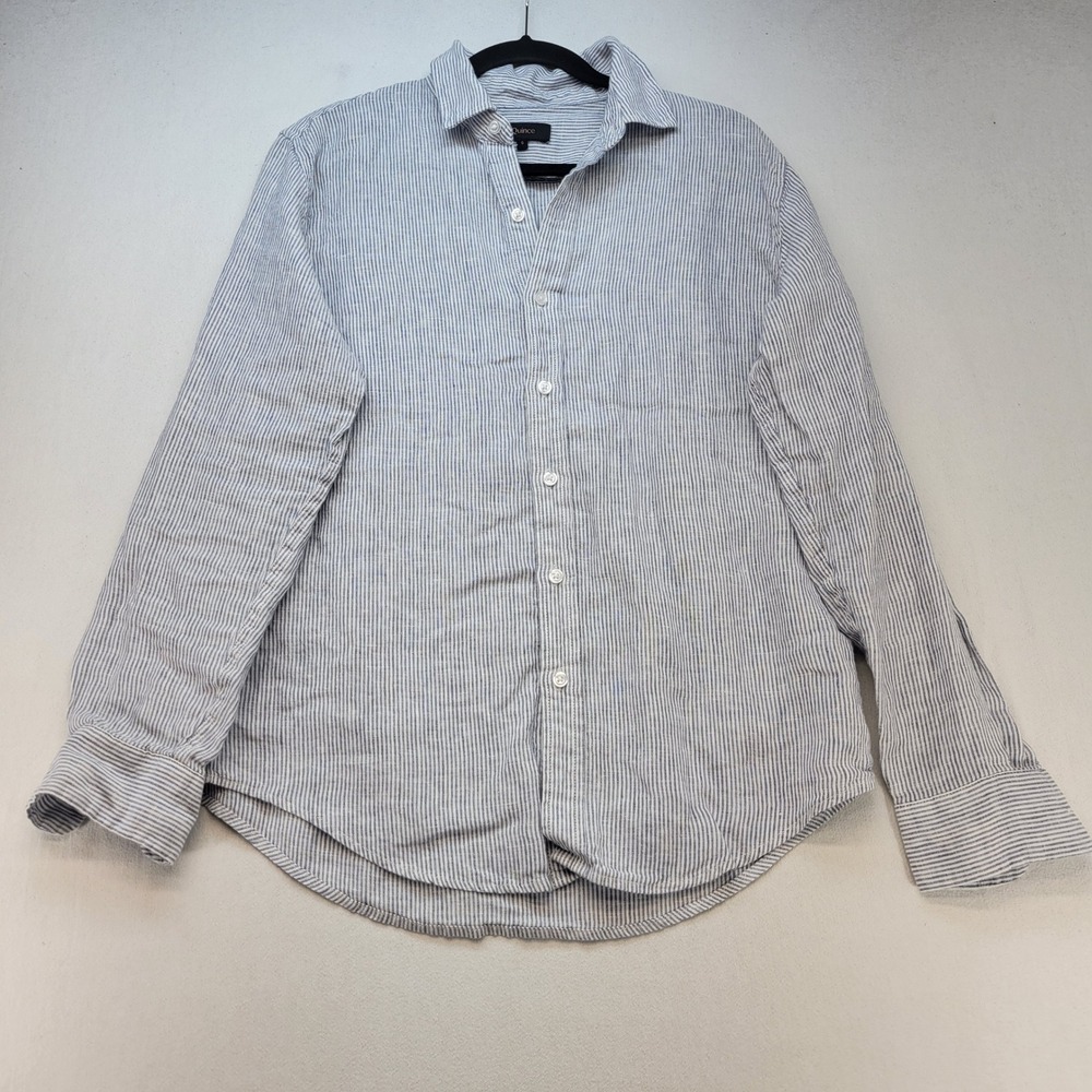 Quince Button Up Shirt Mens Small Blue Striped 100% Linen Long Sleeve Classic